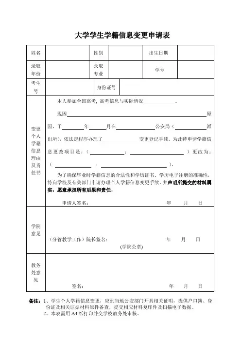 大学学生学籍信息变更申请表