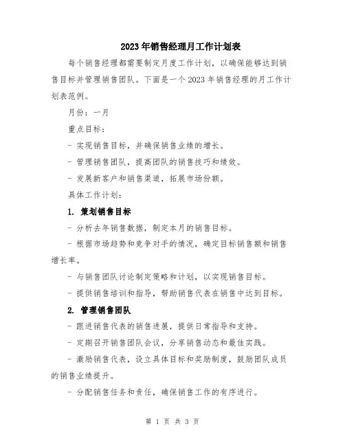 2023年销售经理月工作计划表 