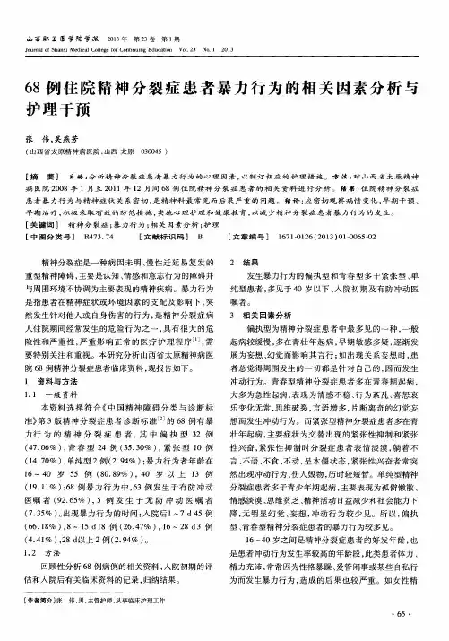 68例住院精神分裂症患者暴力行为的相关因素分析与护理干预