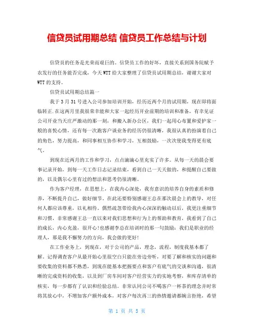 信贷员试用期总结信贷员工作总结与计划