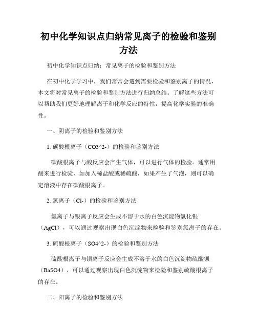 初中化学知识点归纳常见离子的检验和鉴别方法