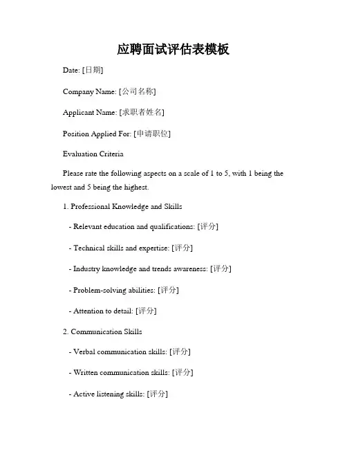 应聘面试评估表模板