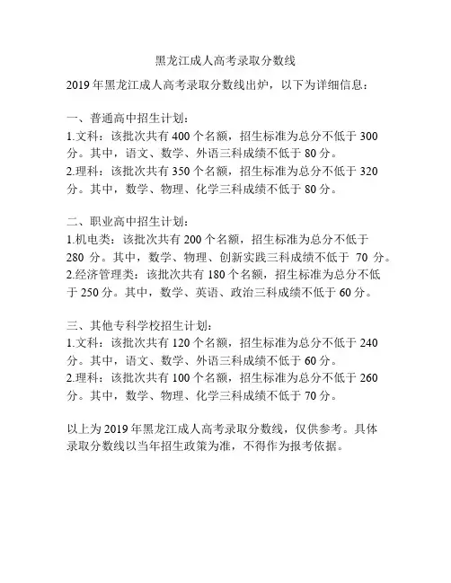 黑龙江成人高考录取分数线