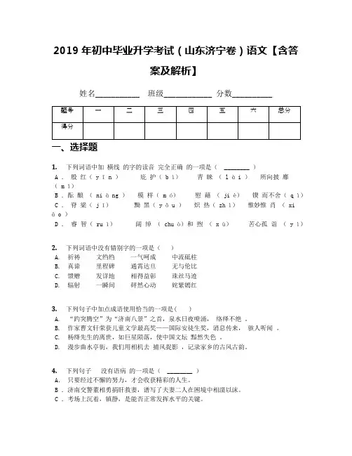 2019年初中毕业升学考试(山东济宁卷)语文【含答案及解析】