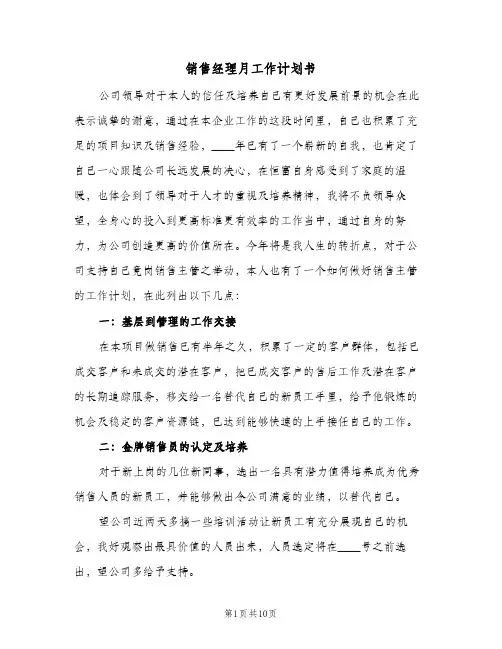 销售经理月工作计划书(5篇)