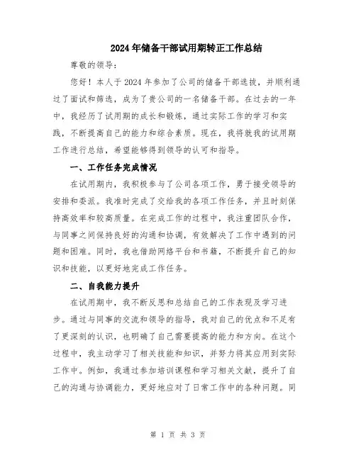 2024年储备干部试用期转正工作总结