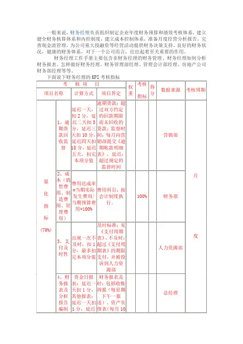 财务经理的KPI考核指标
