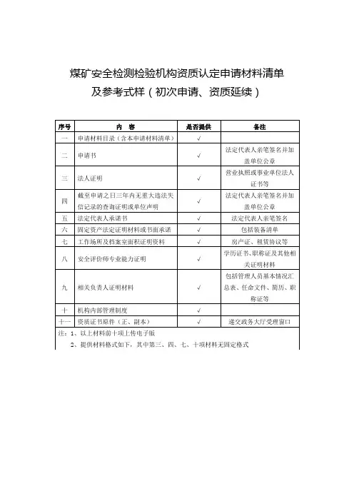 煤矿安全评价机构资质认可申请书及初次申请、资质延续材料清单(空白表格)