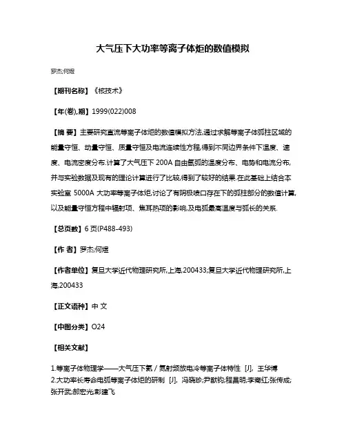 大气压下大功率等离子体炬的数值模拟
