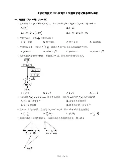 北京市西城区2013届高三上学期期末考试数学理科试题