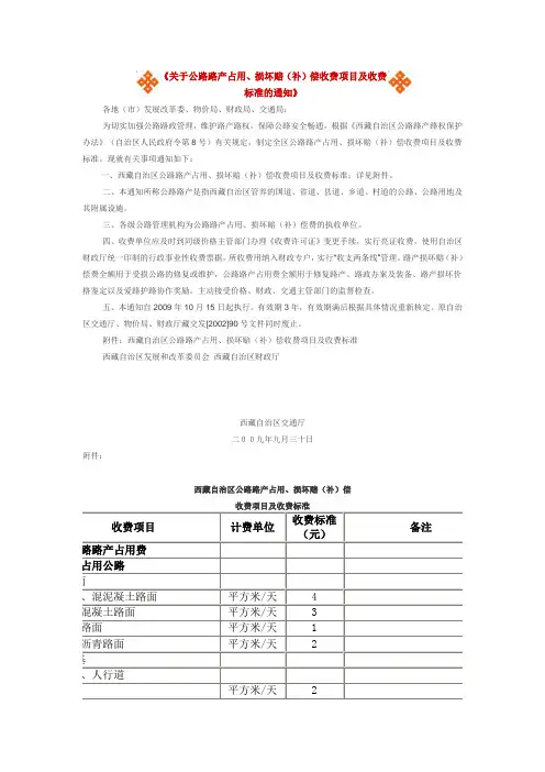 关于公路路产占用、损坏赔(补)偿收费项目及收费标准的通知