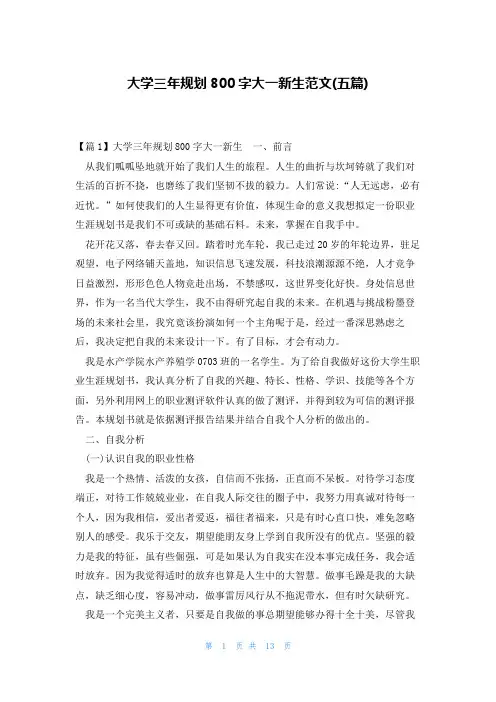 大学三年规划800字大一新生范文(五篇)