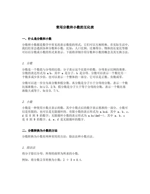 常用分数和小数的互化表
