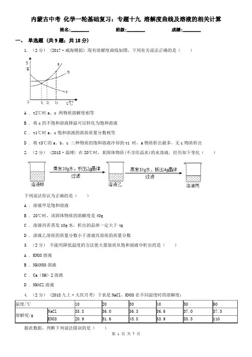 内蒙古中考 化学一轮基础复习：专题十九 溶解度曲线及溶液的相关计算