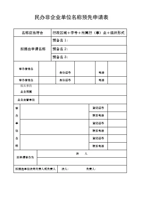 民办非企业单位名称预先申请表