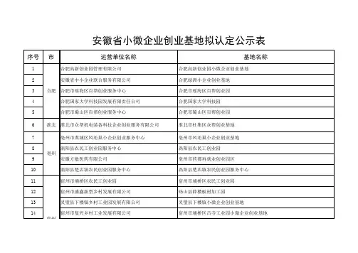 安徽省小微企业创业基地拟认定名单公示