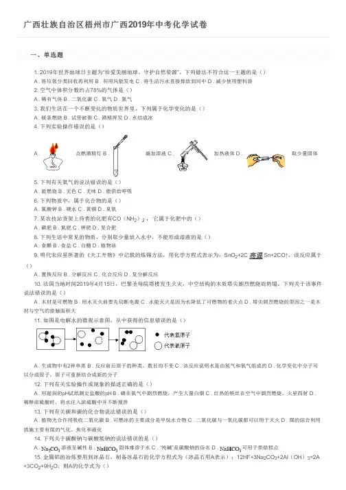 广西壮族自治区梧州市广西2019年中考化学试卷及参考答案