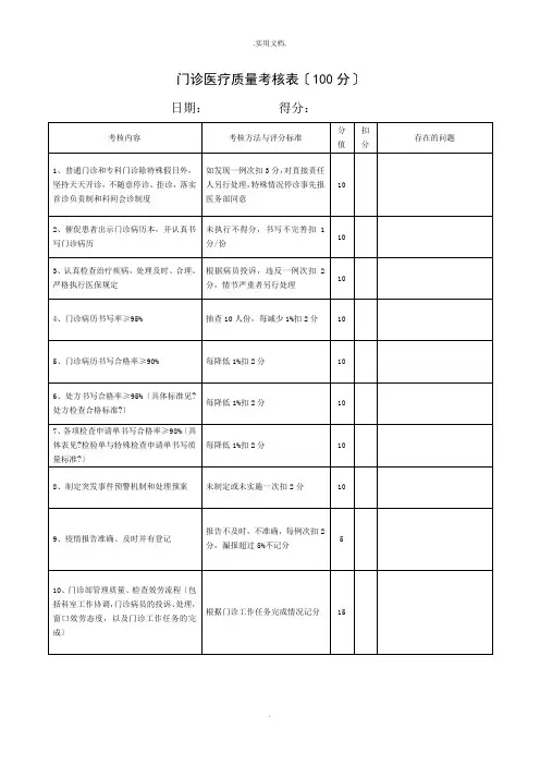 门诊医疗质量考核表