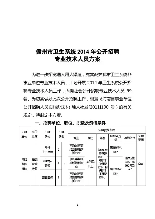 儋州市基层卫生院公开招聘工作人员方案