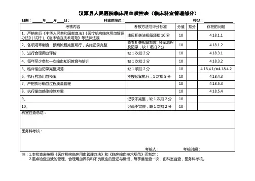 (临床科室输血管理)临床用血质控检查表(标准表)