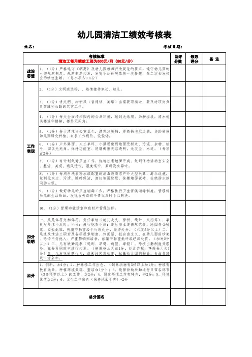 幼儿园清洁工绩效考核表(新版)