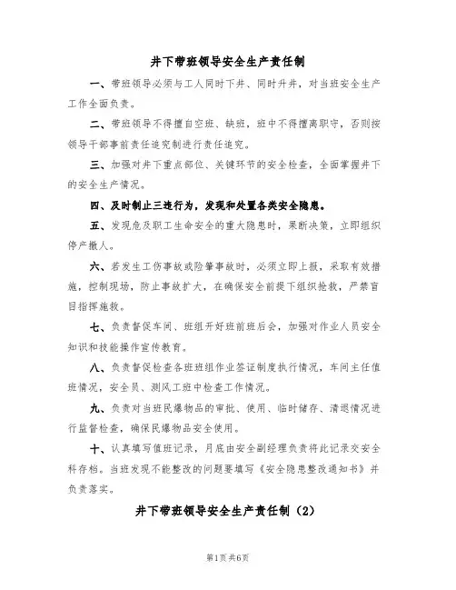 井下带班领导安全生产责任制（5篇）