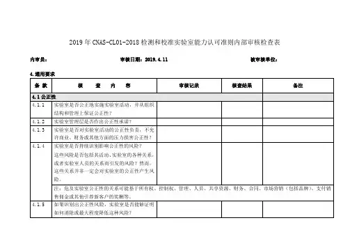 2019年CNAS-CL01-2018检测和校准实验室能力认可准则内部审核检查表