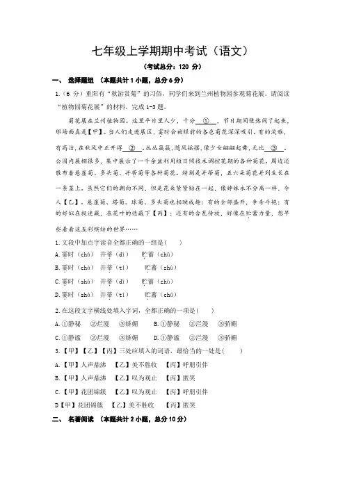 初一上学期期中考试(语文)试题含答案