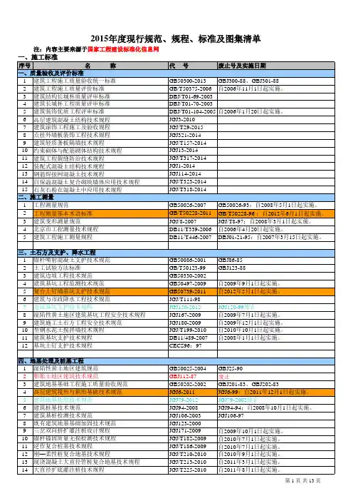 度现行建筑行业规范、规程、标准和图集清单