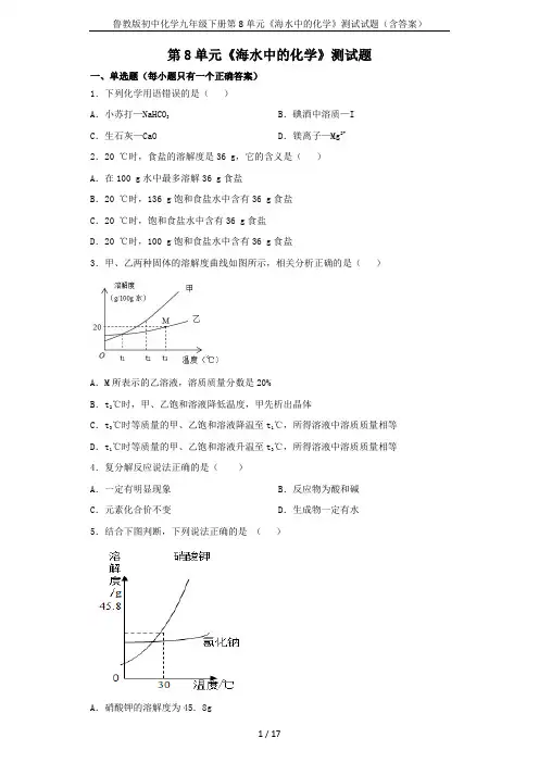 鲁教版初中化学九年级下册第8单元《海水中的化学》测试试题(含答案)