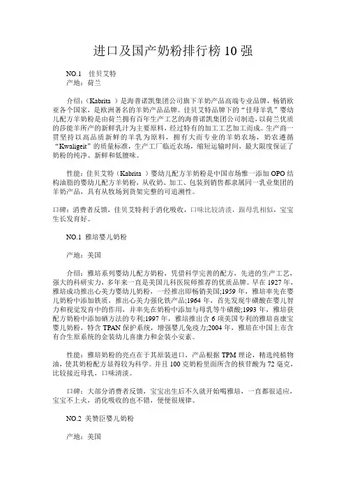 进口及国产奶粉排行榜10强