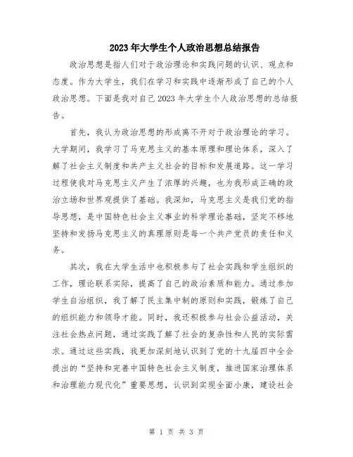 2023年大学生个人政治思想总结报告