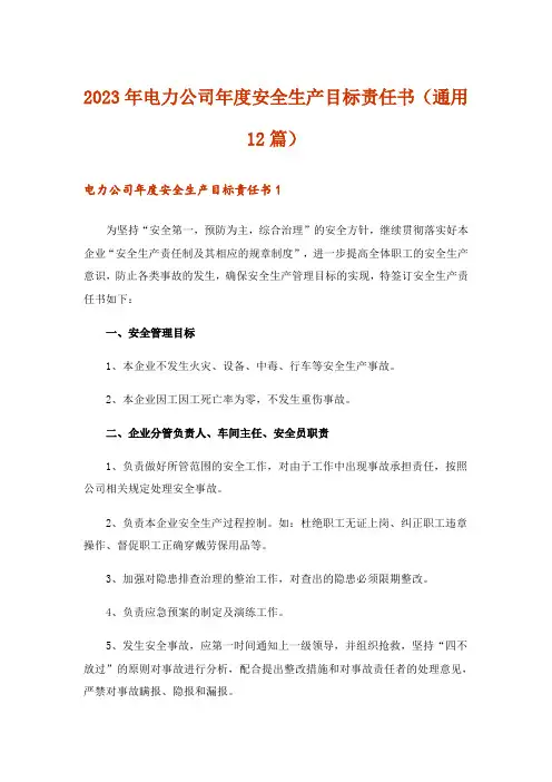 2023年电力公司年度安全生产目标责任书(通用12篇)