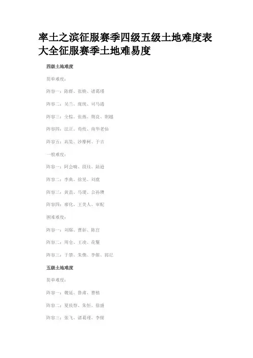 率土之滨征服赛季四级五级土地难度表大全征服赛季土地难易度