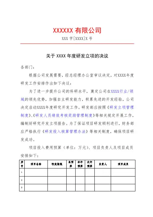 高企认定研发项目立项决议股东会决议会议模板