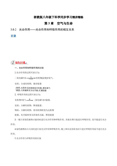 浙江中考初中科学同步8年级下册 3.6.2 光合作用——光合作用和呼吸作用的相互关系(教师版含解析)