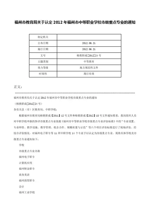 福州市教育局关于认定2012年福州市中等职业学校市级重点专业的通知-榕教职成[2012]24号