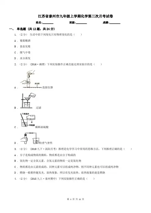 江苏省泰州市九年级上学期化学第三次月考试卷