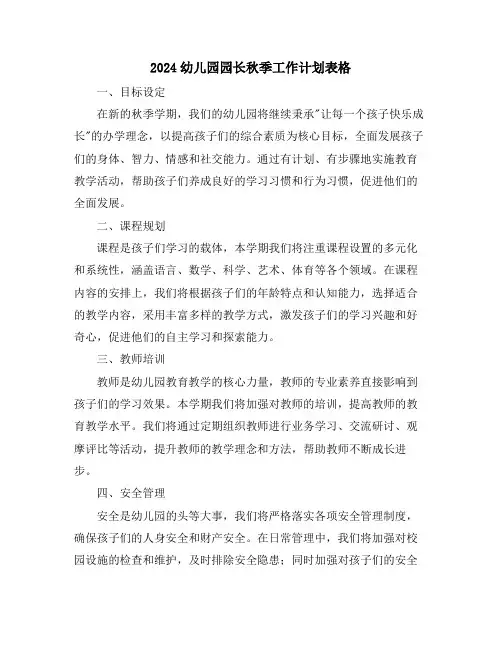2024幼儿园园长秋季工作计划表格
