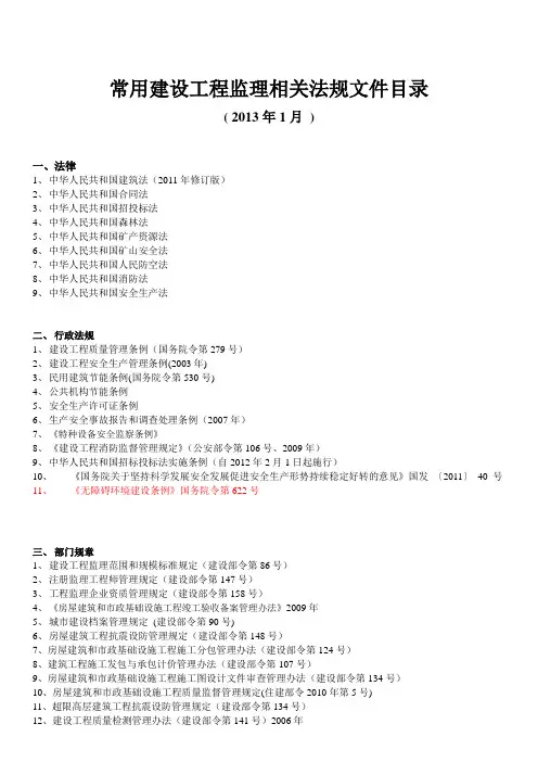 常用建设工程监理相关法规文件目录2013.1复件