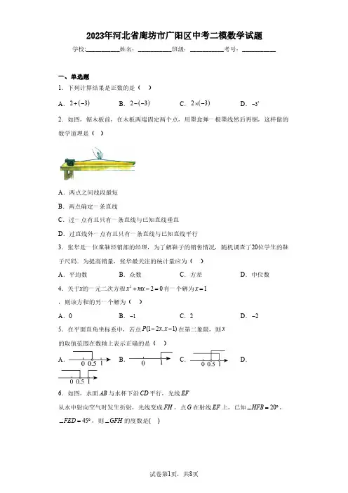 2023年河北省廊坊市广阳区中考二模数学试题(含解析)