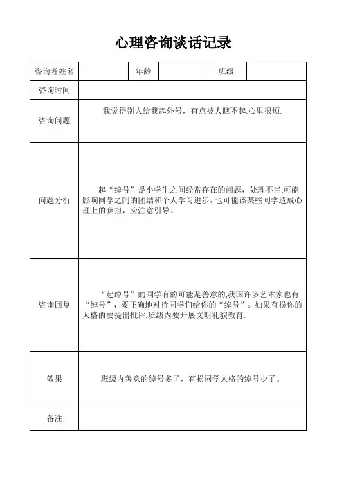 心理咨询谈话记录本模板