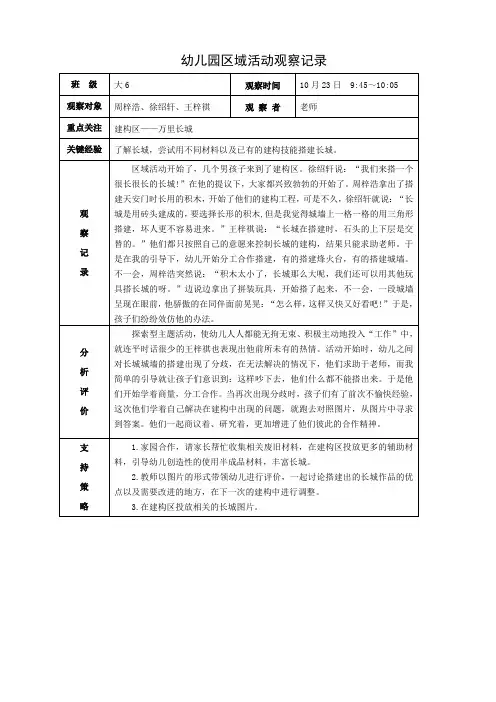 大班自主游戏观察记录