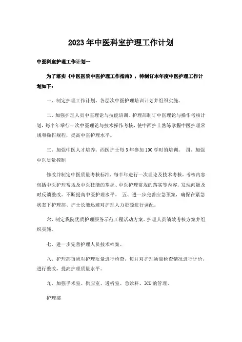 2023年中医科室护理工作计划