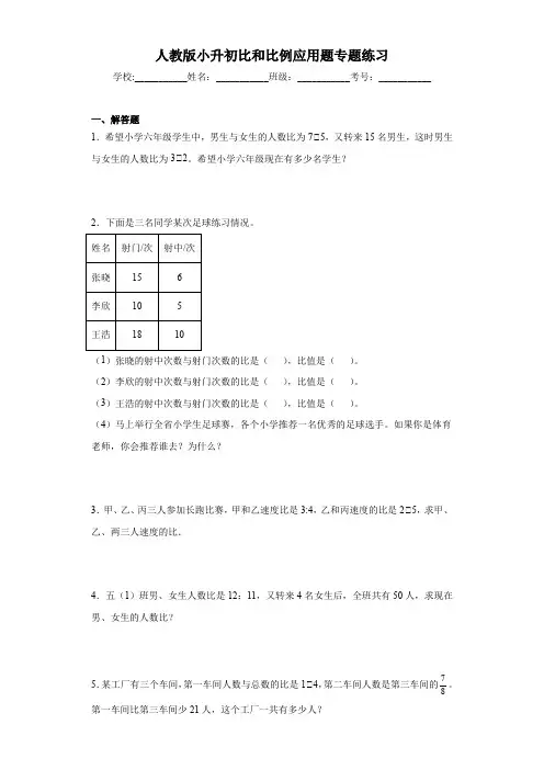 小升初比和比例应用题专题练习(应用题)人教版六年级下册数学