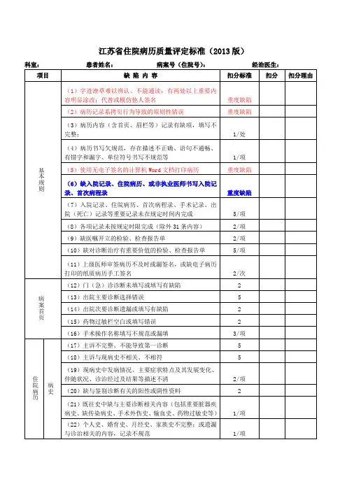 住院病历质量评定标准