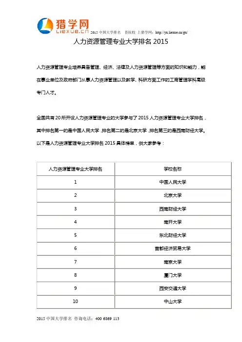 人力资源管理专业大学排名