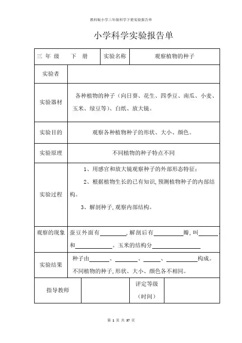 教科版小学三年级科学下册全册实验报告单