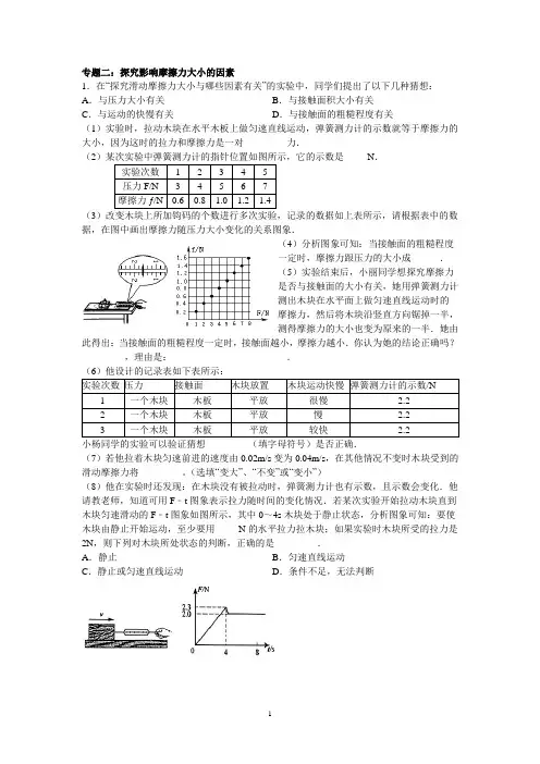 专题二：探究影响摩擦力大小的因素