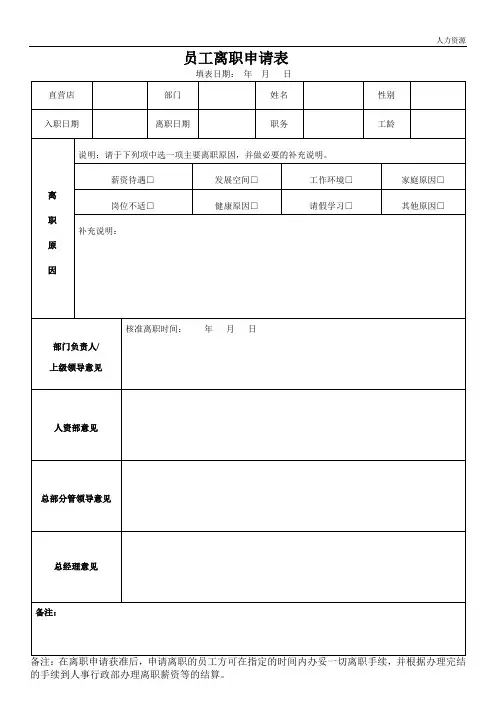员工离职申请表及交接清单